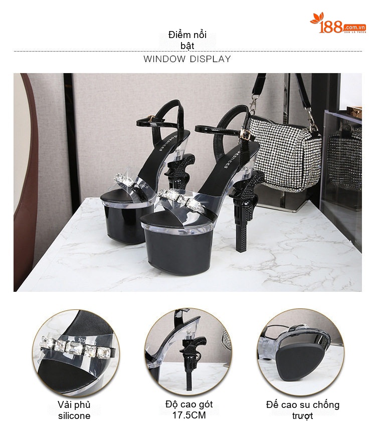 Giày Sandal Cao Gót Nữ Quai Trong Suốt Gót Súng Đế Cao 17cm Màu Đen, Trắng, Đỏ, Hồng... chi tiết 5