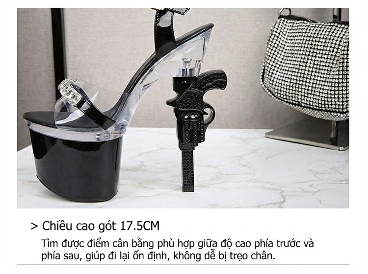 Giày Sandal Cao Gót Nữ Quai Trong Suốt Gót Súng Đế Cao 17cm Màu Đen, Trắng, Đỏ, Hồng... chi tiết 8