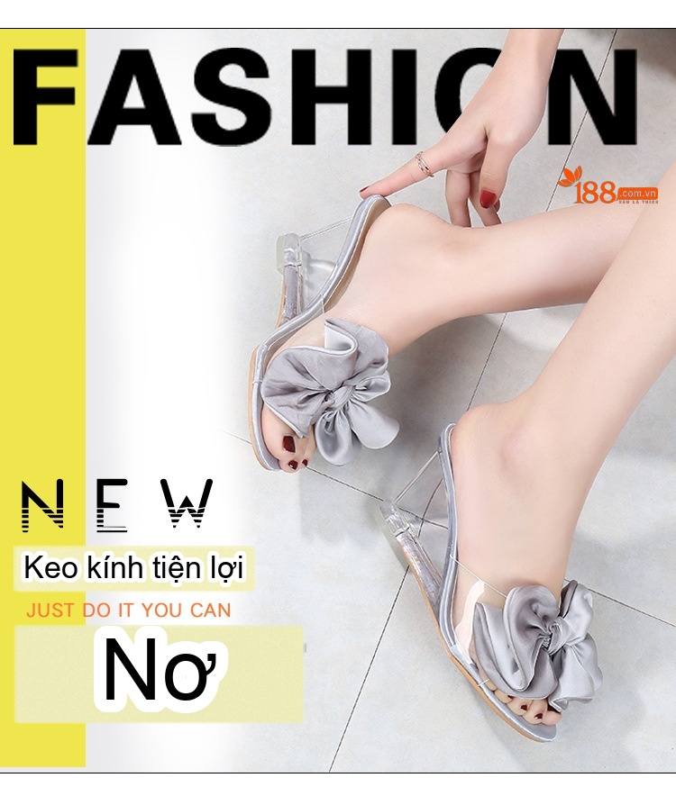 Giày Sandal Cao Gót Nữ Quai Trong Suốt Gót Vuông Gót Cao 8cm Đính Nơ Màu Hồng, Bạc, Kem chi tiết 1