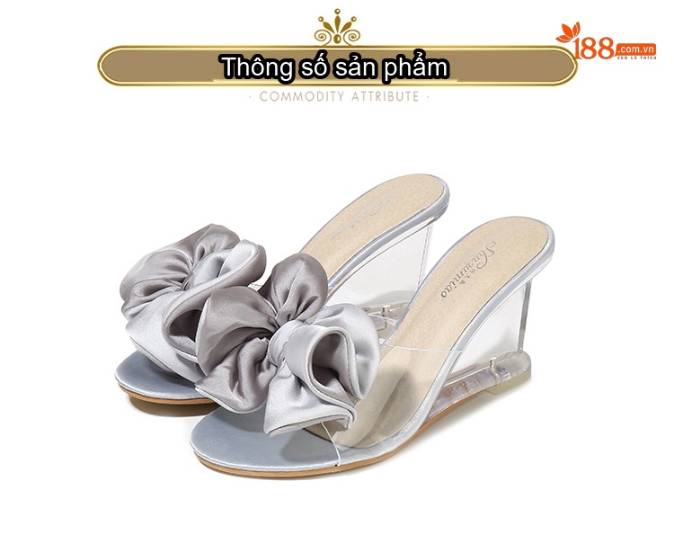 Giày Sandal Cao Gót Nữ Quai Trong Suốt Gót Vuông Gót Cao 8cm Đính Nơ Màu Hồng, Bạc, Kem chi tiết 3