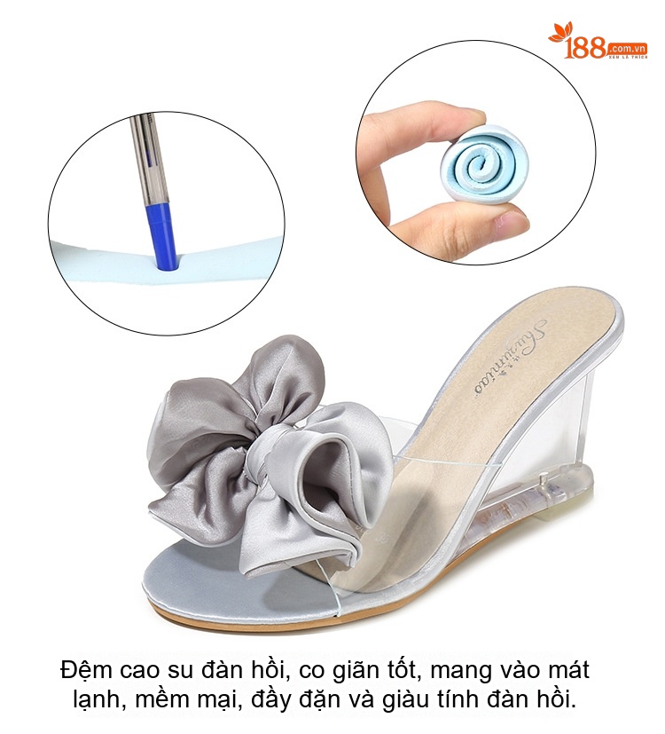 Giày Sandal Cao Gót Nữ Quai Trong Suốt Gót Vuông Gót Cao 8cm Đính Nơ Màu Hồng, Bạc, Kem chi tiết 5