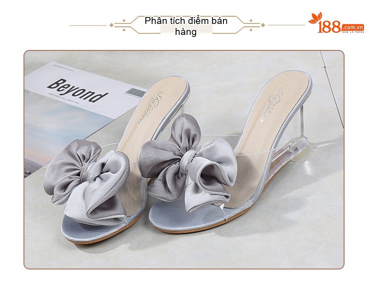 Giày Sandal Cao Gót Nữ Quai Trong Suốt Gót Vuông Gót Cao 8cm Đính Nơ Màu Hồng, Bạc, Kem chi tiết 6