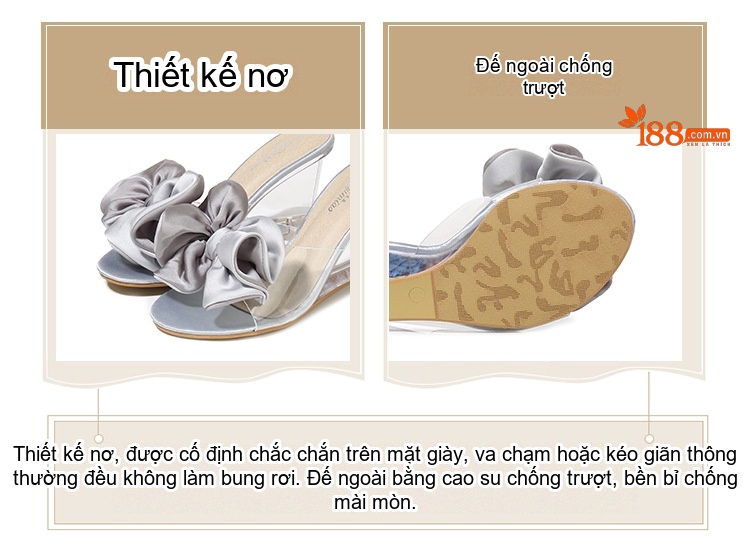 Giày Sandal Cao Gót Nữ Quai Trong Suốt Gót Vuông Gót Cao 8cm Đính Nơ Màu Hồng, Bạc, Kem chi tiết 7