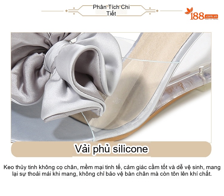 Giày Sandal Cao Gót Nữ Quai Trong Suốt Gót Vuông Gót Cao 8cm Đính Nơ Màu Hồng, Bạc, Kem chi tiết 8