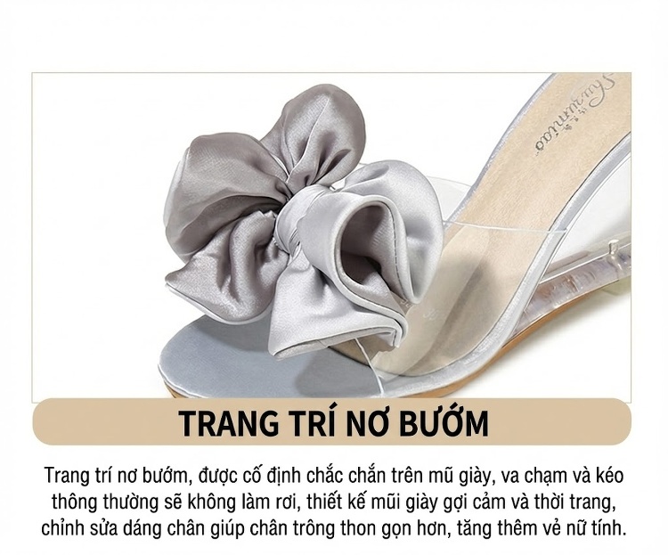 Giày Sandal Cao Gót Nữ Quai Trong Suốt Gót Vuông Gót Cao 8cm Đính Nơ Màu Hồng, Bạc, Kem chi tiết 9