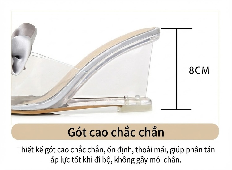 Giày Sandal Cao Gót Nữ Quai Trong Suốt Gót Vuông Gót Cao 8cm Đính Nơ Màu Hồng, Bạc, Kem chi tiết 11