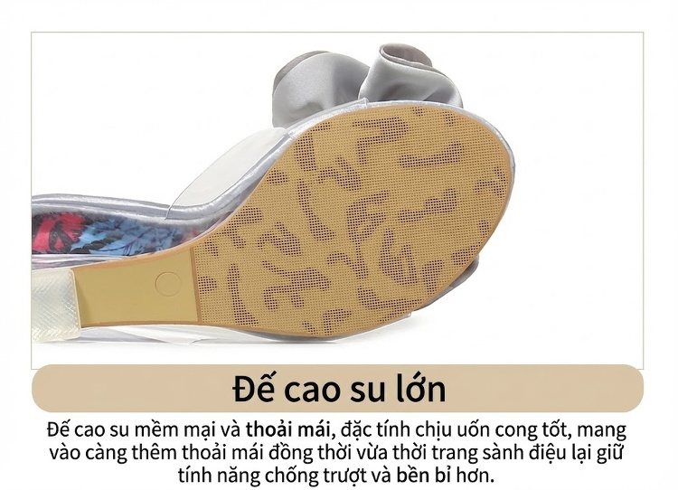 Giày Sandal Cao Gót Nữ Quai Trong Suốt Gót Vuông Gót Cao 8cm Đính Nơ Màu Hồng, Bạc, Kem chi tiết 12
