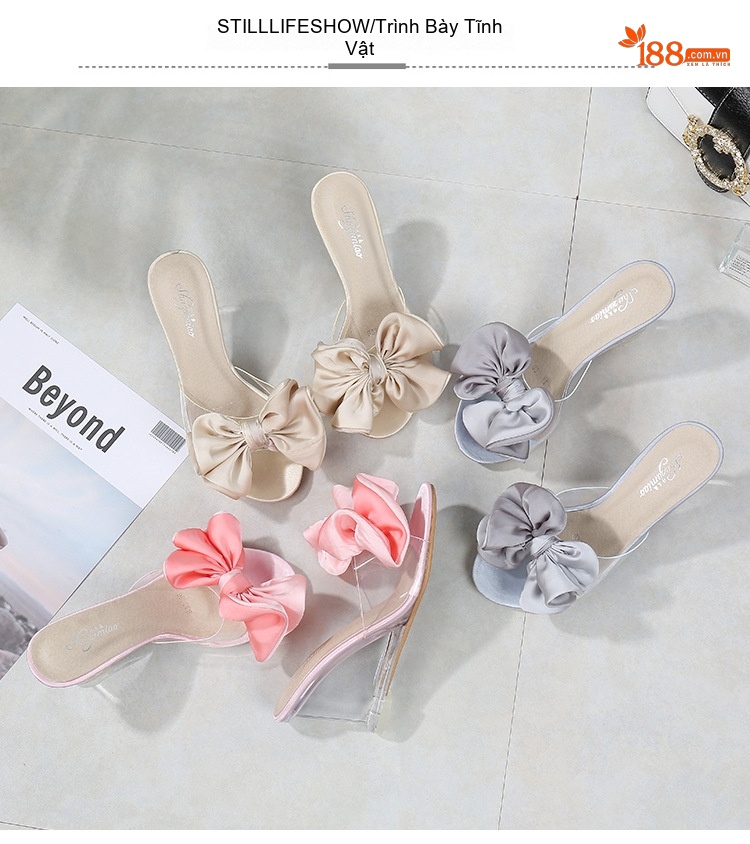 Giày Sandal Cao Gót Nữ Quai Trong Suốt Gót Vuông Gót Cao 8cm Đính Nơ Màu Hồng, Bạc, Kem chi tiết 28