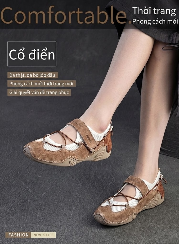 Dép Sandal Nữ Mũi Tròn Quai Dán Vải Lưới Thoáng Khí Đế Cao 3cm - 4cm Màu Nâu, Be chi tiết 1