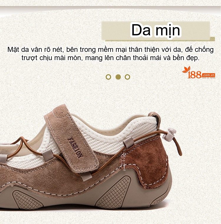 Dép Sandal Nữ Mũi Tròn Quai Dán Vải Lưới Thoáng Khí Đế Cao 3cm - 4cm Màu Nâu, Be chi tiết 3