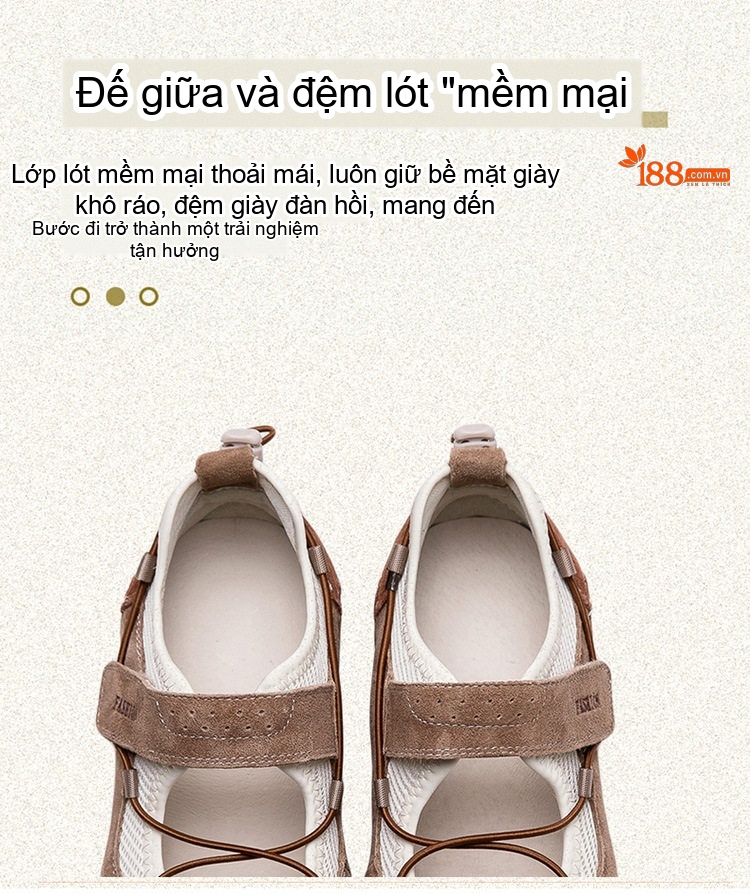 Dép Sandal Nữ Mũi Tròn Quai Dán Vải Lưới Thoáng Khí Đế Cao 3cm - 4cm Màu Nâu, Be chi tiết 6