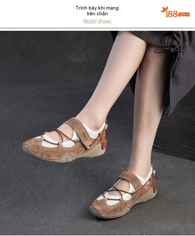 Dép Sandal Nữ Mũi Tròn Quai Dán Vải Lưới Thoáng Khí Đế Cao 3cm - 4cm Màu Nâu, Be chi tiết 7