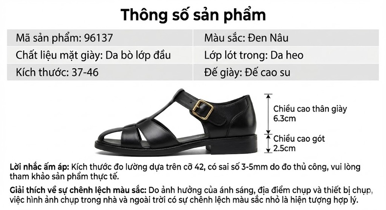 Sandal Rọ Nam Da Bò Phong Cách La Mã Chiều Cao Đế Khoảng 3cm Màu Nâu, Đen chi tiết 2
