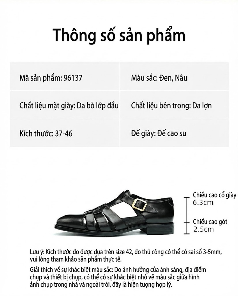 Sandal Rọ Nam Da Bò Phong Cách La Mã Cổ Điển Chiều Cao Đế Khoảng 3cm Màu Nâu, Đen chi tiết 2