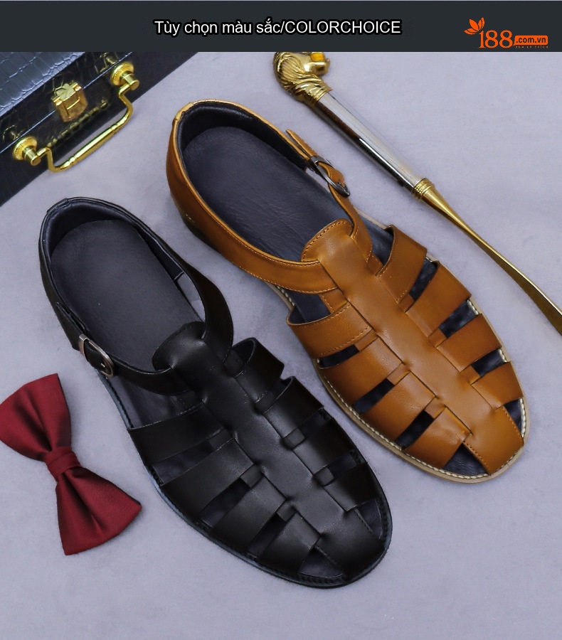 Sandal Rọ Nam Da Bò Quai Khóa Chiều Cao Đế Khoảng 2cm Màu Đen, Nâu chi tiết 2