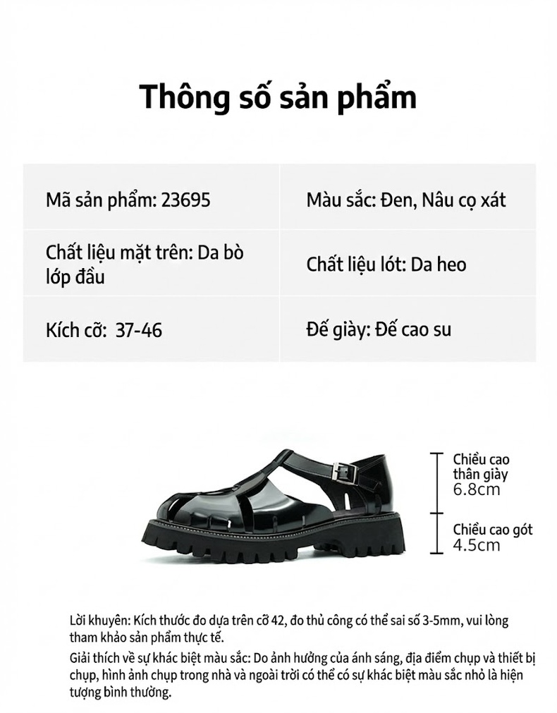 Sandal Rọ Nam Da Bóng Đế Dày Chiều Cao Đế Khoảng 4cm Màu Đen chi tiết 2
