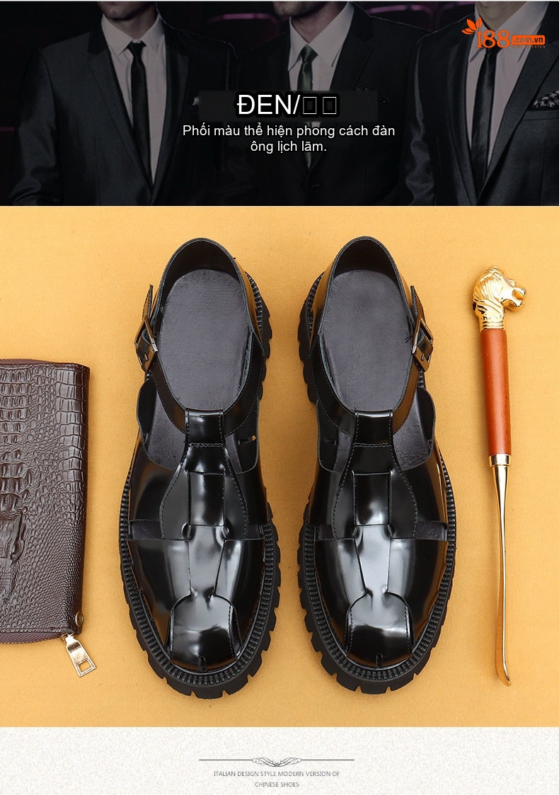 Sandal Rọ Nam Da Bóng Đế Dày Chiều Cao Đế Khoảng 4cm Màu Đen chi tiết 4