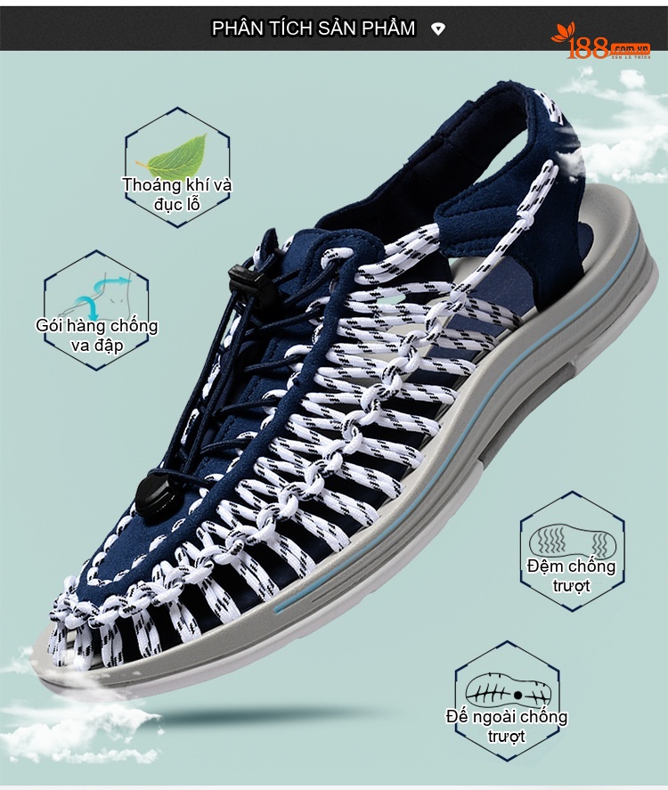 Sandal Rọ Nam Quai Dệt Bện Thoáng Khí Chống Trượt Chiều Cao Đế Khoảng 3cm Màu Đen, Xám, Đỏ, Xanh Navy... chi tiết 7