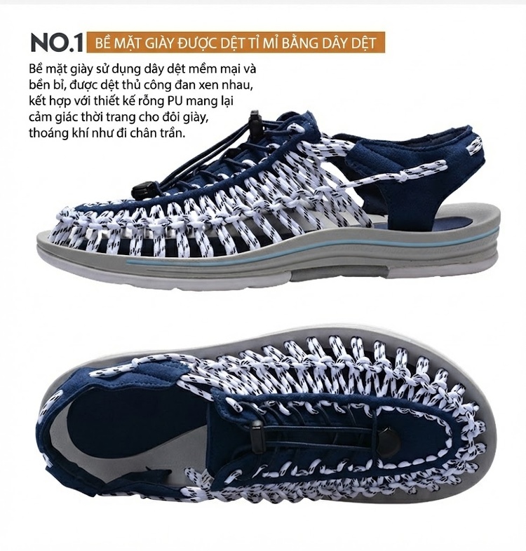 Sandal Rọ Nam Quai Dệt Bện Thoáng Khí Chống Trượt Chiều Cao Đế Khoảng 3cm Màu Đen, Xám, Đỏ, Xanh Navy... chi tiết 9