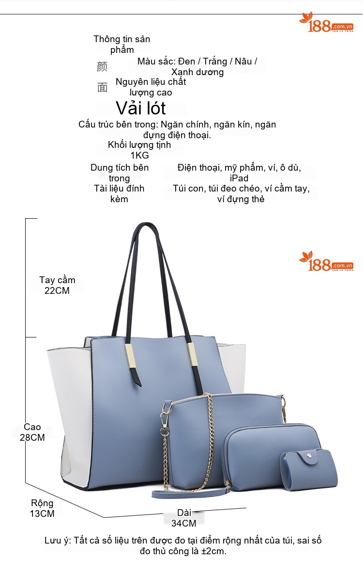 Set 4 Túi Xách Tay Đeo Vai Da Mờ Thời Trang Màu Xanh, Trắng, Đen, Nâu chi tiết 16