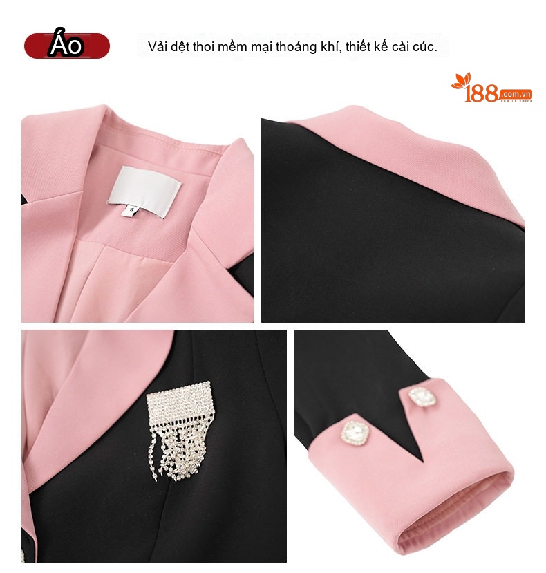 Set Áo Blazer Ngắn Tay Dài Thiết Kế Màu Tương Phản và Chân Váy Chữ A Màu Đen chi tiết 4