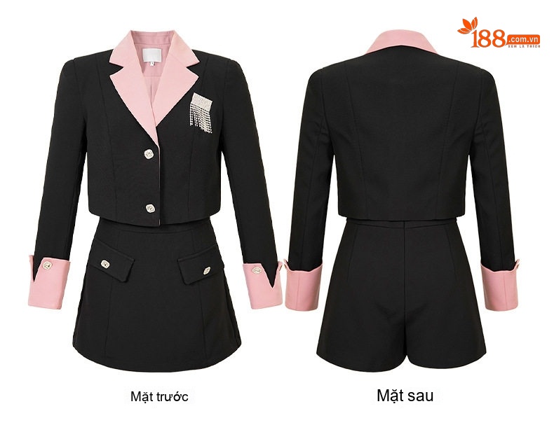 Set Áo Blazer Ngắn Tay Dài Thiết Kế Màu Tương Phản và Chân Váy Chữ A Màu Đen chi tiết 7