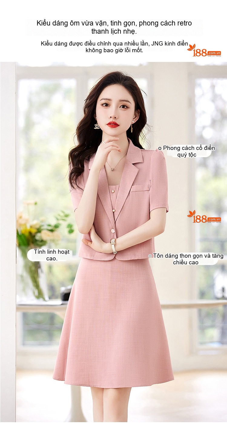 Set Áo Blazer Tay Ngắn Và Váy Hai Dây Nữ Kiểu Dáng Công Sở Màu Kem, Hồng, Xanh chi tiết 6