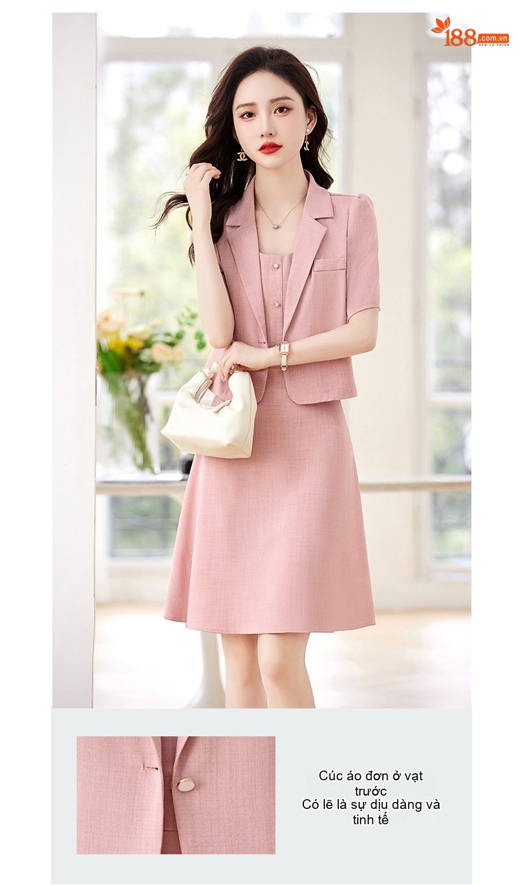 Set Áo Blazer Tay Ngắn Và Váy Hai Dây Nữ Kiểu Dáng Công Sở Màu Kem, Hồng, Xanh chi tiết 3