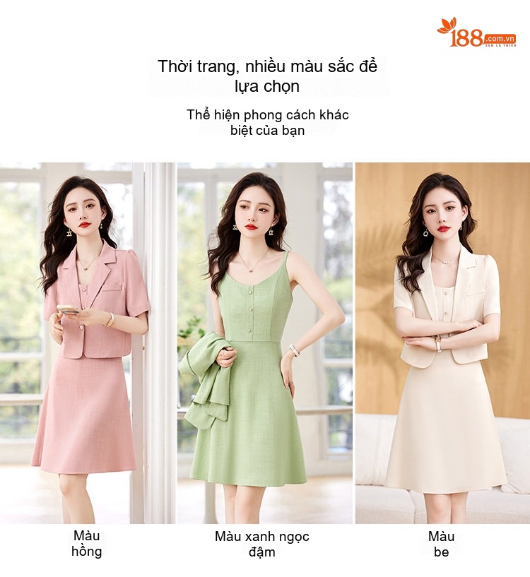 Set Áo Blazer Tay Ngắn Và Váy Hai Dây Nữ Kiểu Dáng Công Sở Màu Kem, Hồng, Xanh chi tiết 5