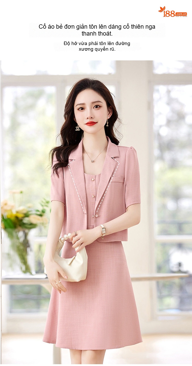 Set Áo Blazer Tay Ngắn Và Váy Hai Dây Nữ Kiểu Dáng Công Sở Màu Kem, Hồng, Xanh chi tiết 7