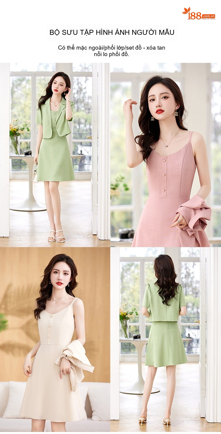 Set Áo Blazer Tay Ngắn Và Váy Hai Dây Nữ Kiểu Dáng Công Sở Màu Kem, Hồng, Xanh chi tiết 10