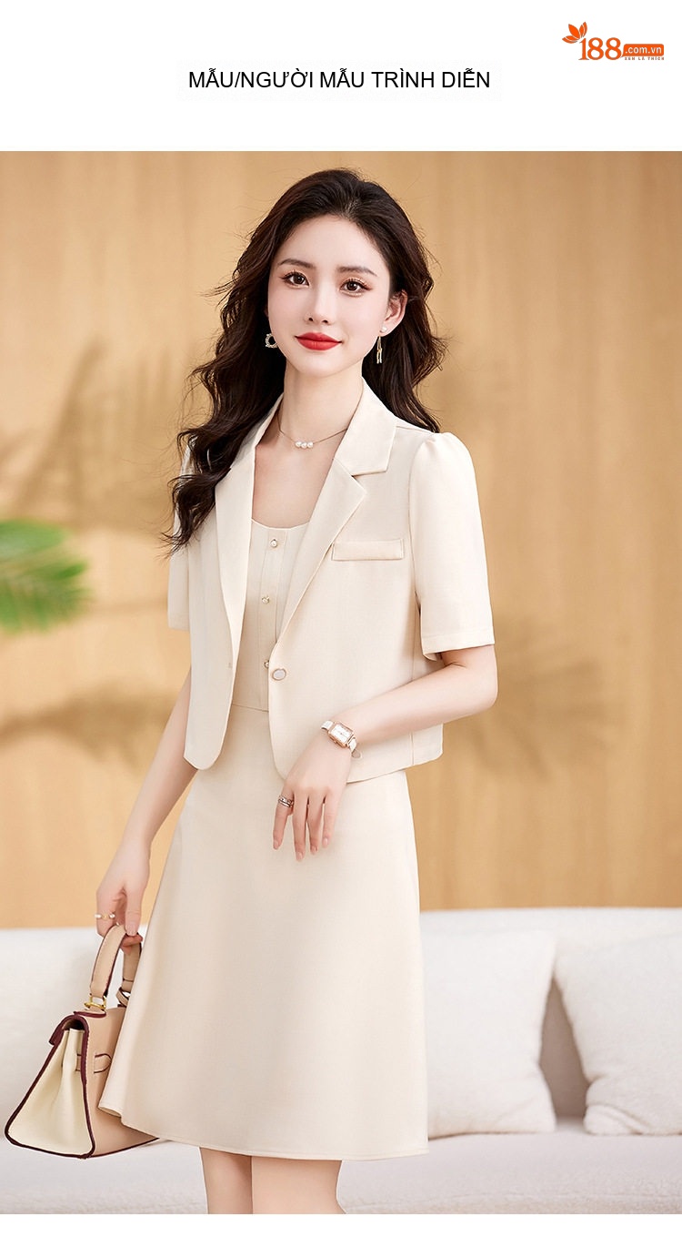 Set Áo Blazer Tay Ngắn Và Váy Hai Dây Nữ Kiểu Dáng Công Sở Màu Kem, Hồng, Xanh chi tiết 13