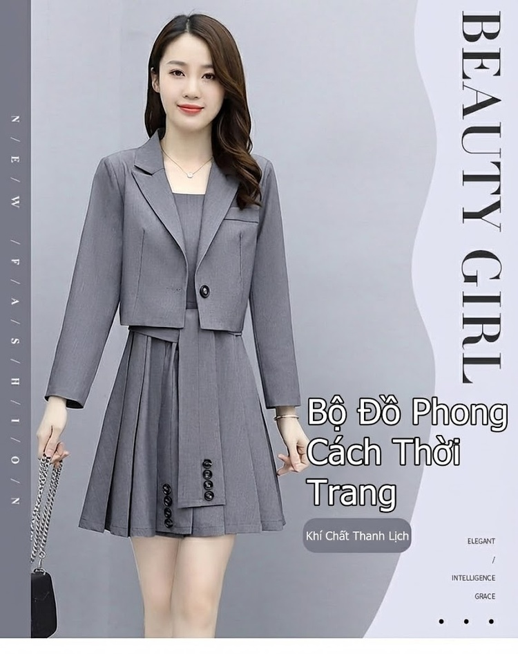 Set Áo Blazer và Váy Ngắn Dáng Ôm Phong Cách Hàn Quốc Màu Đen, Xám, Be chi tiết 1