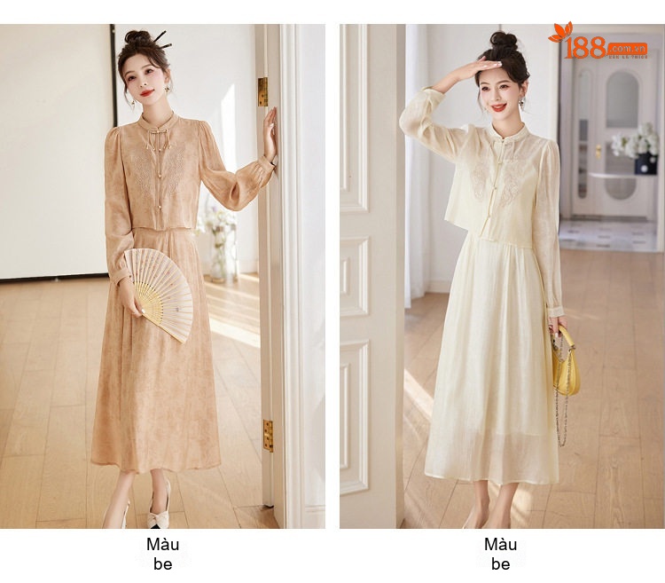 Set Áo Croptop Tay Dài và Chân Váy Midi Thêu Hoa Phong Cách Trung Hoa Màu Kem, Nâu chi tiết 4