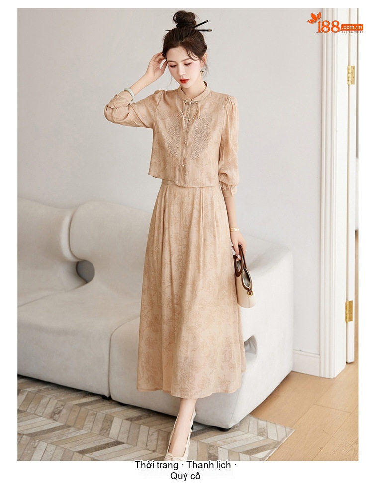 Set Áo Croptop Tay Dài và Chân Váy Midi Thêu Hoa Phong Cách Trung Hoa Màu Kem, Nâu chi tiết 5