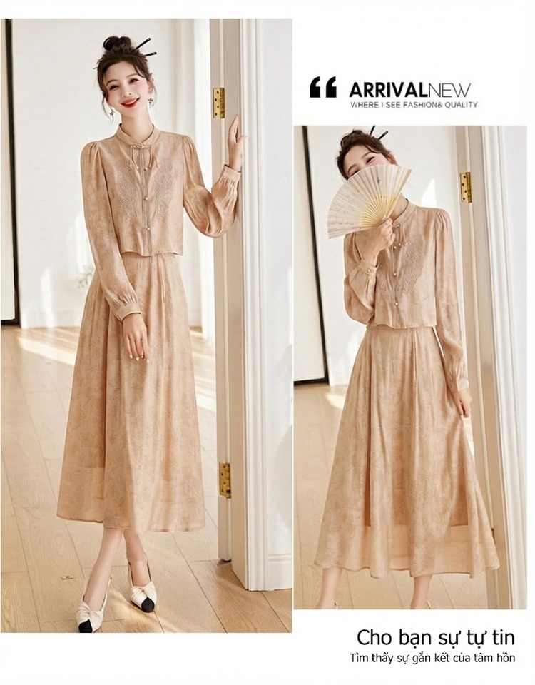 Set Áo Croptop Tay Dài và Chân Váy Midi Thêu Hoa Phong Cách Trung Hoa Màu Kem, Nâu chi tiết 6