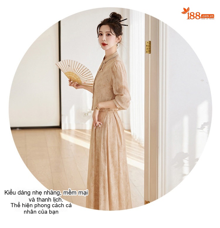 Set Áo Croptop Tay Dài và Chân Váy Midi Thêu Hoa Phong Cách Trung Hoa Màu Kem, Nâu chi tiết 8