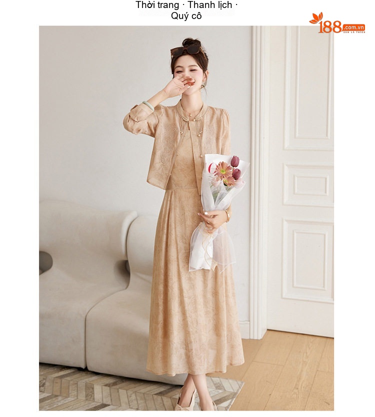 Set Áo Croptop Tay Dài và Chân Váy Midi Thêu Hoa Phong Cách Trung Hoa Màu Kem, Nâu chi tiết 10