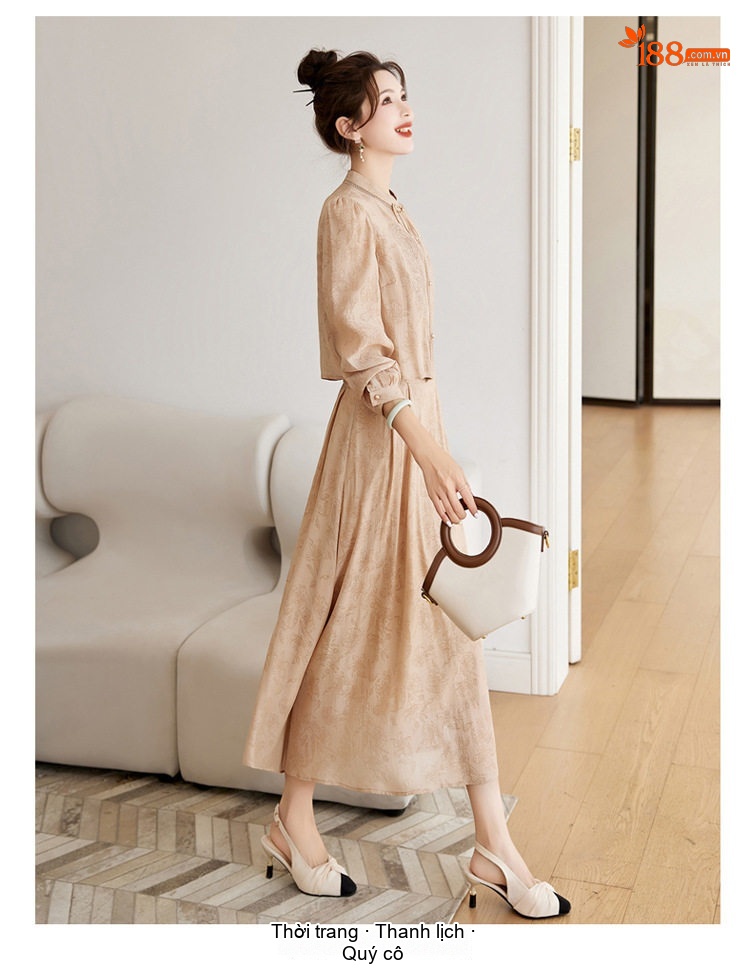Set Áo Croptop Tay Dài và Chân Váy Midi Thêu Hoa Phong Cách Trung Hoa Màu Kem, Nâu chi tiết 12