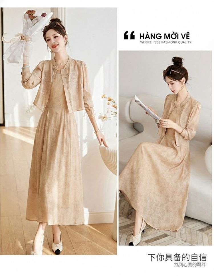 Set Áo Croptop Tay Dài và Chân Váy Midi Thêu Hoa Phong Cách Trung Hoa Màu Kem, Nâu chi tiết 13