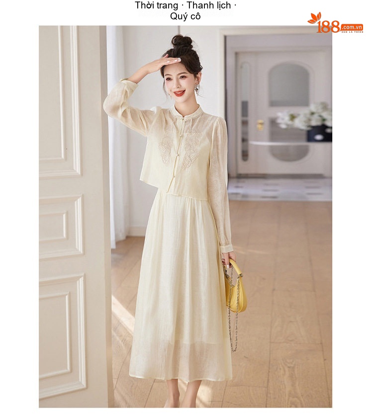 Set Áo Croptop Tay Dài và Chân Váy Midi Thêu Hoa Phong Cách Trung Hoa Màu Kem, Nâu chi tiết 17