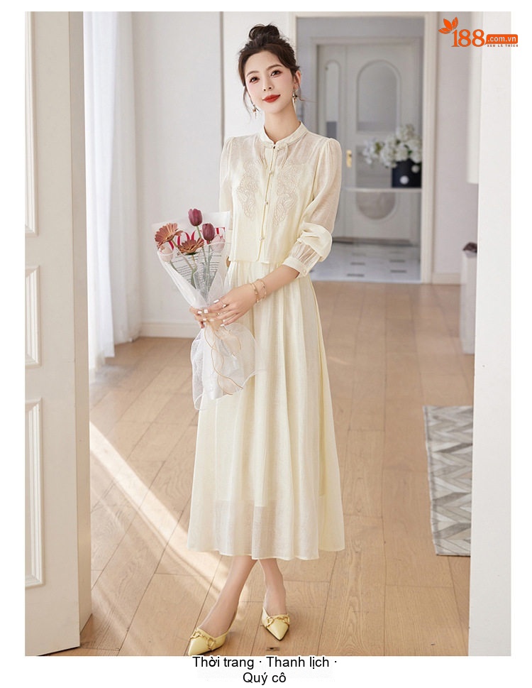 Set Áo Croptop Tay Dài và Chân Váy Midi Thêu Hoa Phong Cách Trung Hoa Màu Kem, Nâu chi tiết 19