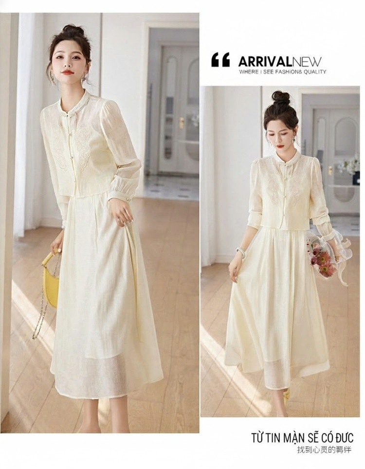 Set Áo Croptop Tay Dài và Chân Váy Midi Thêu Hoa Phong Cách Trung Hoa Màu Kem, Nâu chi tiết 20