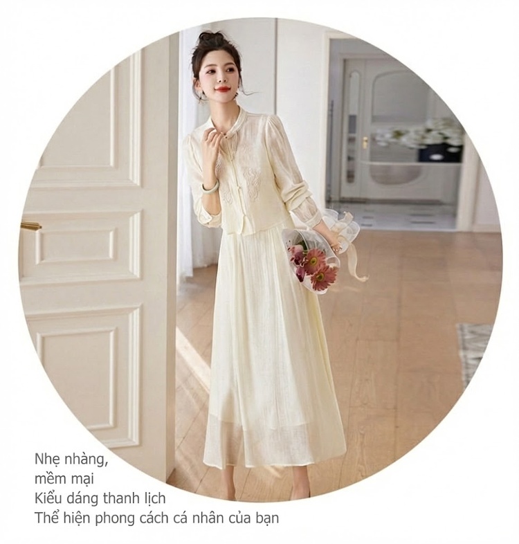 Set Áo Croptop Tay Dài và Chân Váy Midi Thêu Hoa Phong Cách Trung Hoa Màu Kem, Nâu chi tiết 22