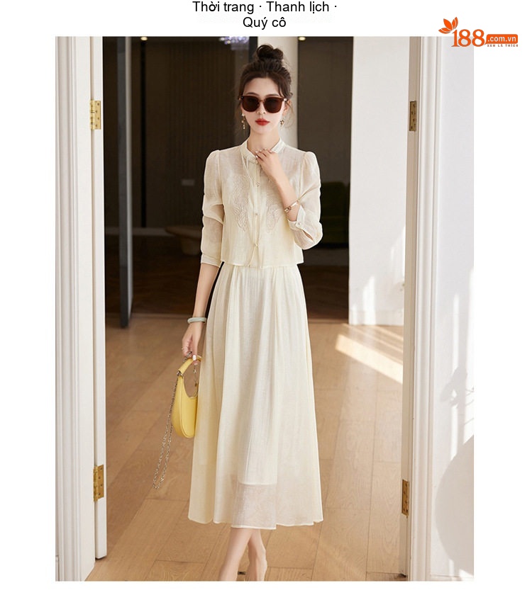 Set Áo Croptop Tay Dài và Chân Váy Midi Thêu Hoa Phong Cách Trung Hoa Màu Kem, Nâu chi tiết 24