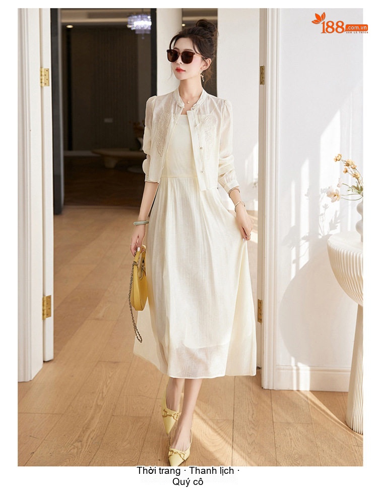 Set Áo Croptop Tay Dài và Chân Váy Midi Thêu Hoa Phong Cách Trung Hoa Màu Kem, Nâu chi tiết 26