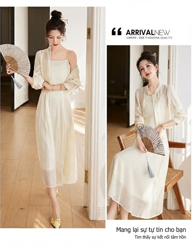 Set Áo Croptop Tay Dài và Chân Váy Midi Thêu Hoa Phong Cách Trung Hoa Màu Kem, Nâu chi tiết 27