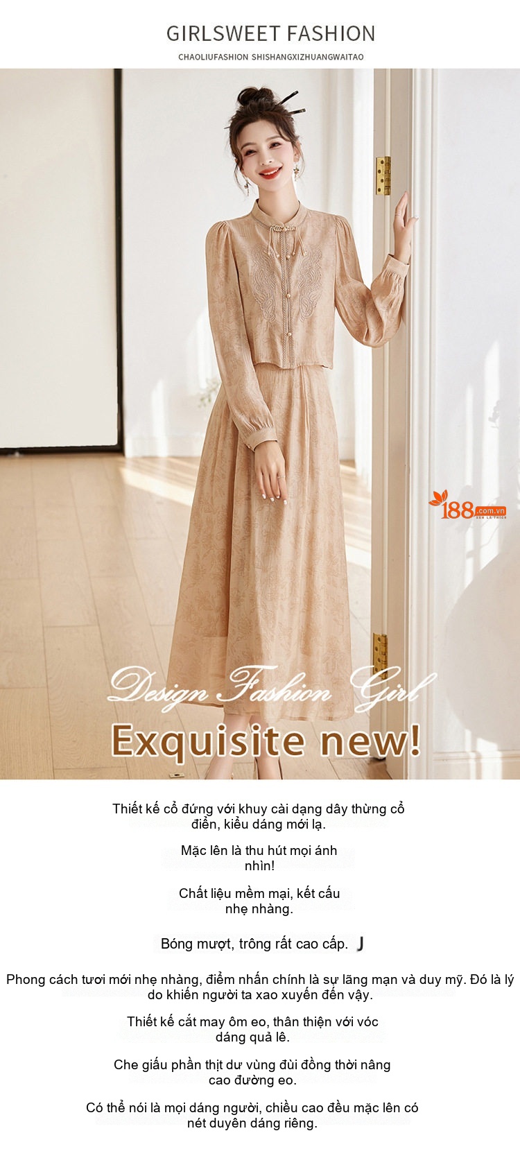 Set Áo Croptop Tay Dài và Chân Váy Midi Thêu Hoa Phong Cách Trung Hoa Màu Kem, Nâu chi tiết 1