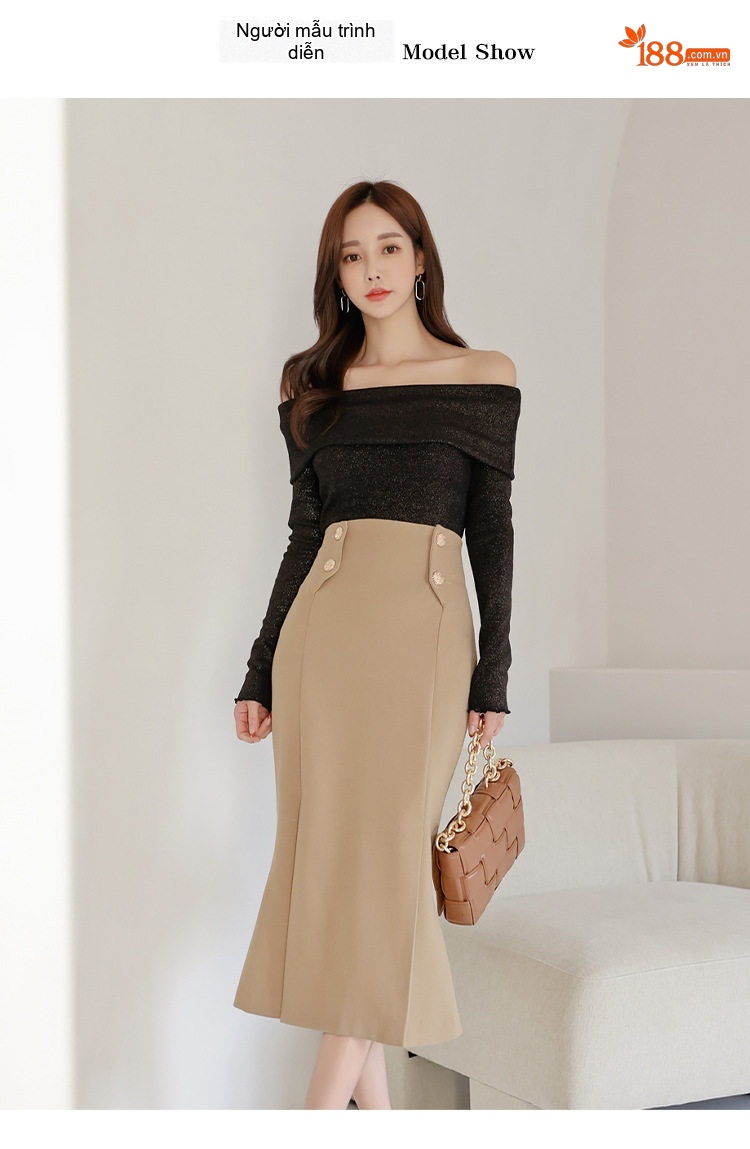 Set Áo Dài Tay Hở Vai Quần Dáng Cá Tính Eo Cao Phong Cách Hàn Quốc Màu Đen, Be chi tiết 3