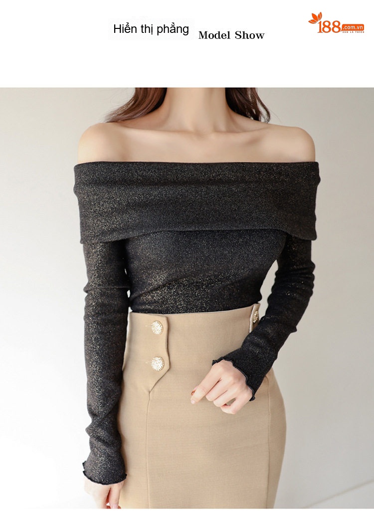 Set Áo Dài Tay Hở Vai Quần Dáng Cá Tính Eo Cao Phong Cách Hàn Quốc Màu Đen, Be chi tiết 14